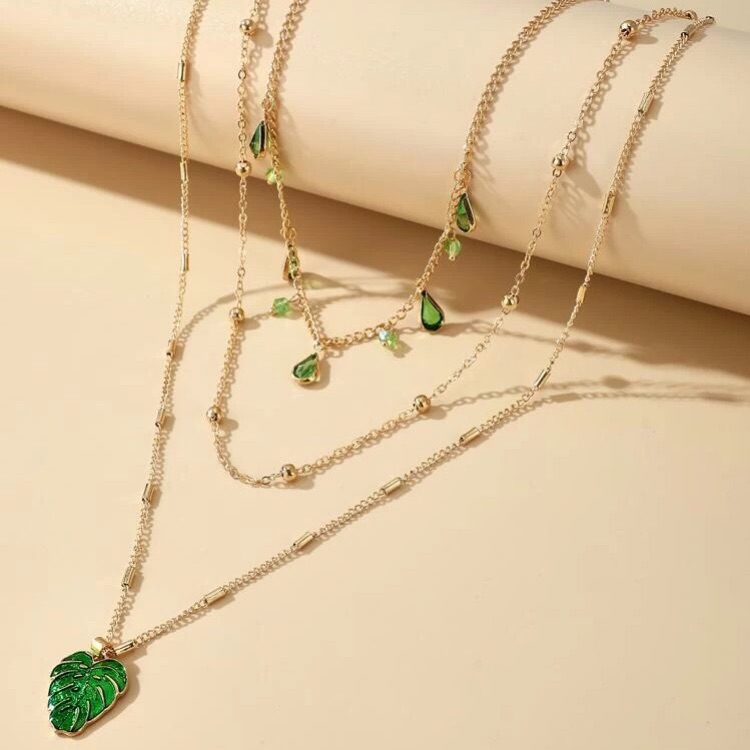 Lovely Triple Layered Chain Palm Leaf Boho Water Drop Jeweled Necklace